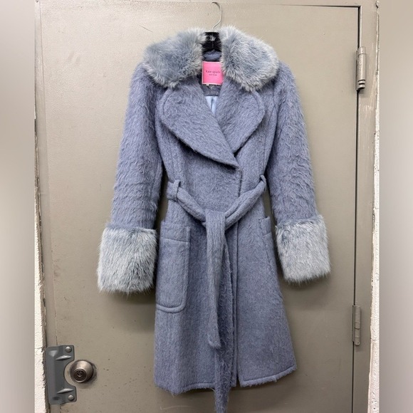 kate spade Jackets & Blazers - Kate Spade New York Faux Fur Trimmed Belted Women's Coat baby blue size 00/ XXS